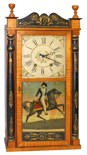 Pillar-and-scroll shelf clock by Elisha Hotchkiss with original woodworks and image of Andrew Jackson on horseback. Mosby & Co. image